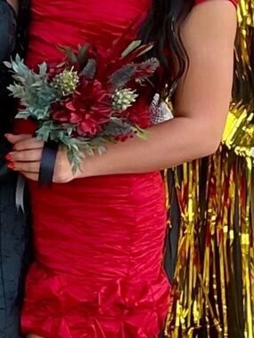 Red Ruched Cocktail Dress with Floral Corsage